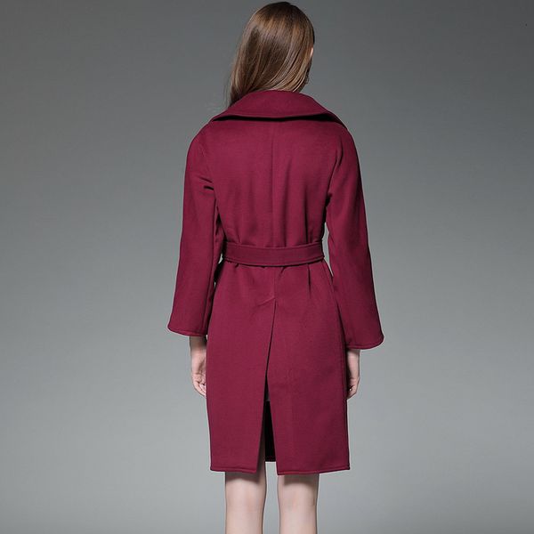 fashion solid women long wool blend coat slim office lady cashmere jacket belt ladies coats, Black